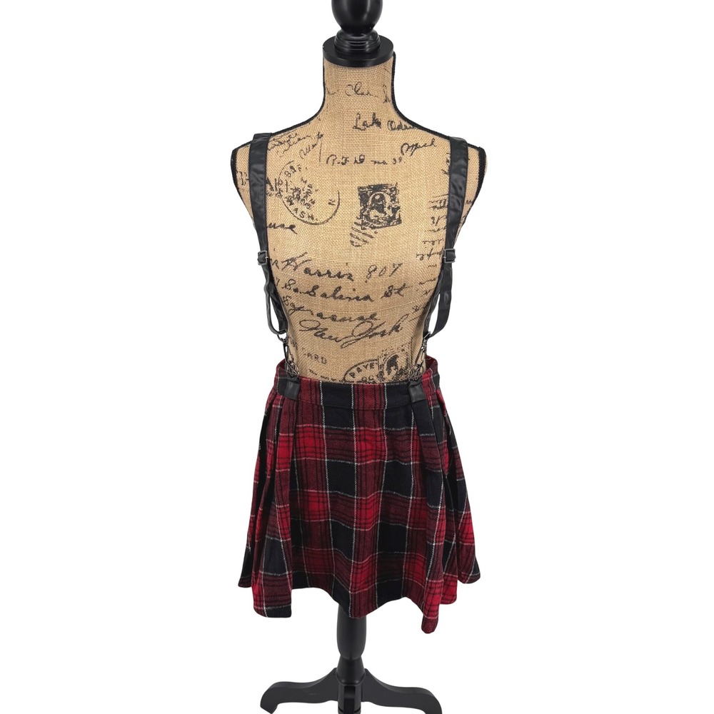 Punk Rave Red Black Plaid Suspender Mini Skirt S Emo Retro Flannel Goth Punk